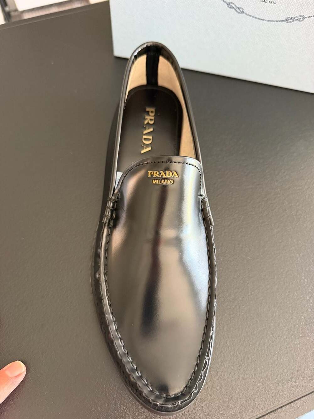 Prada Spazzolato Fumé Black Leather Loafers Size41 Gold Logo Retail $1,200 - Picture 7 of 7